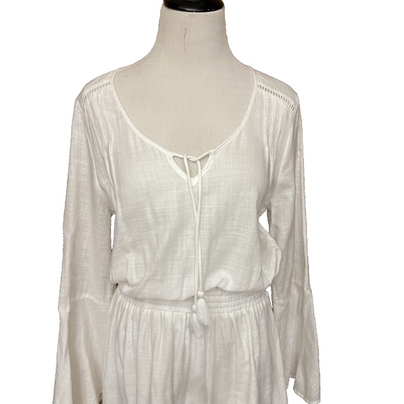 The Normal Brand Size S White Bell Sleeve Mini Dress Slub Twill Boho Tassel Trim - Picture 14 of 16